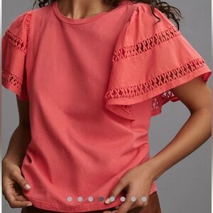 Anthropologie Self Contrast Flutter-Sleeve Cutwork Top - Coral size Medium NWT